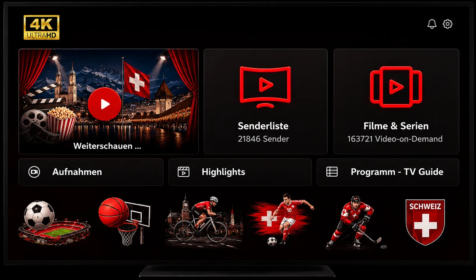 IPTV Suisse Dashboard mit 45.000+ Sendern, VOD und 4K Qualität